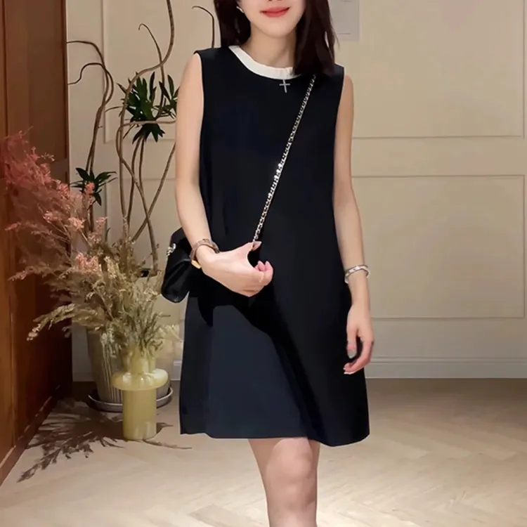 夏季新款拼色圆领无袖小香风高级感显瘦连衣裙a字女装连衣裙 5170