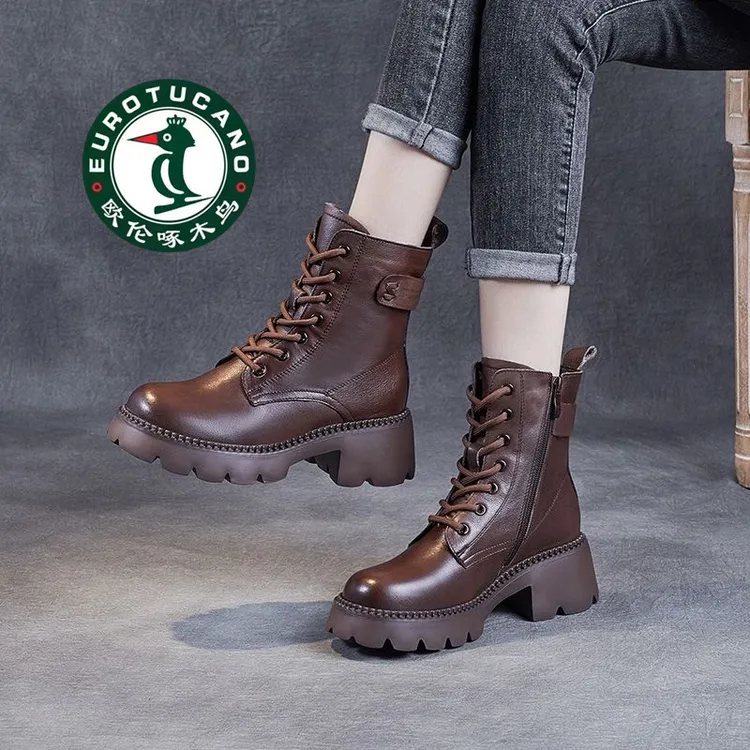 欧伦啄木鸟加绒厚底英伦风女鞋秋冬款经典百搭款式牛皮高跟短靴女