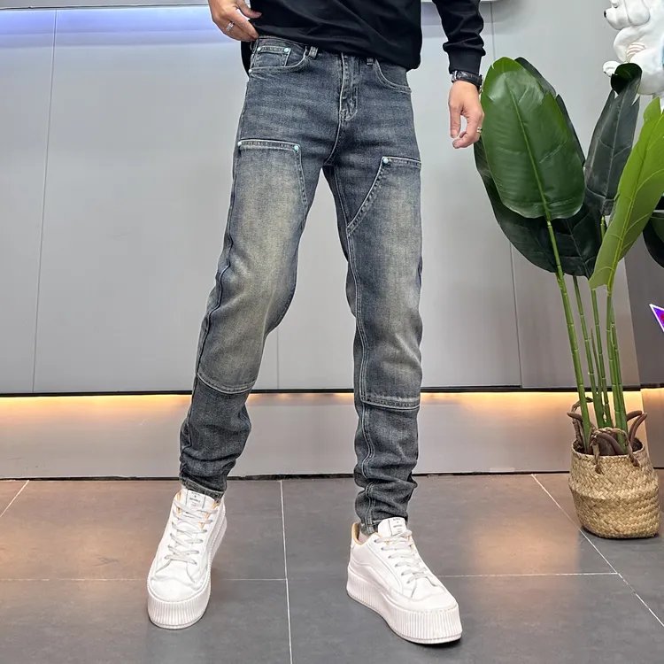 秋冬季新款重工男士复古牛仔裤男时尚拼接修身小脚潮牌长裤