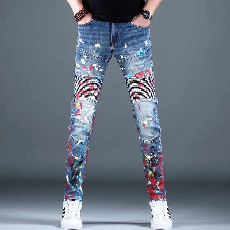 美式机车牛仔裤男士潮牌修身小脚裤泼墨设计痞帅时尚百搭秋冬长裤