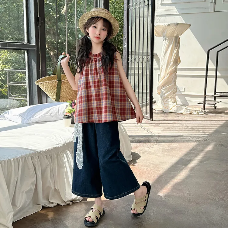 女童格子背心牛仔阔腿裤套装夏季2025新款中大童无袖九分裤两件套