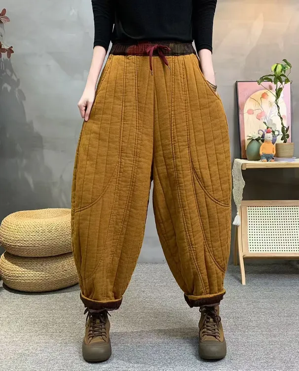 冬季款夹棉保暖哈伦裤松紧腰贴布花兜盖休闲裤绗棉老爹裤文艺棉裤