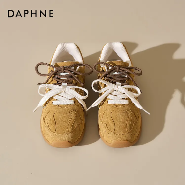 达芙妮黄色德训鞋女2026新款春季印象内增高双鞋带拼色阿甘运动鞋