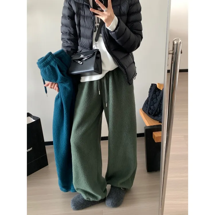 JMHH【轻暖】摇粒绒抽绳式直筒裤女冬韩版宽松显瘦加绒加厚休闲裤