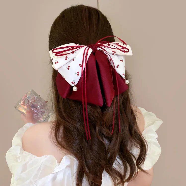 樱桃蝴蝶结飘带抓夹女2025新款高级感后脑勺盘发鲨鱼夹子头饰发夹