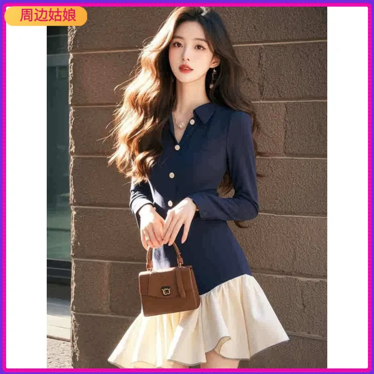 I2025年春季miu里miu气感显瘦经典洋气百搭藏蓝色拼接连衣裙1