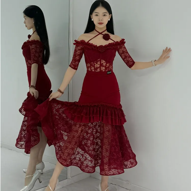 ELLA-D定制款摩登舞服自带底裤可拆卸胸垫飘袖班服表演老师学生