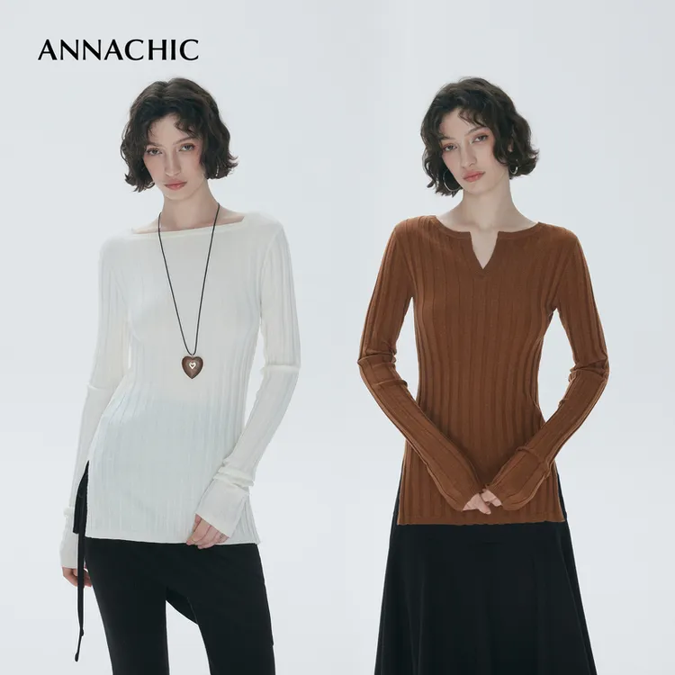 ANNACHIC“正反两穿”_曼妙曲线_竖坑条开衩针织衫/修身毛衣上衣