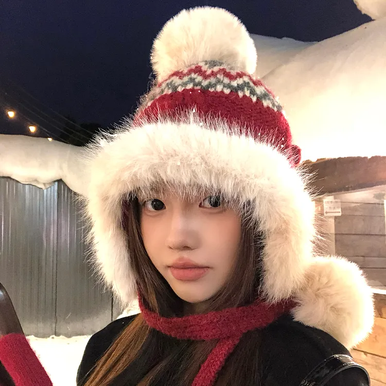 费尔岛风毛球加厚保暖雷锋帽女冬东北防寒护耳帽毛绒针织毛线帽子