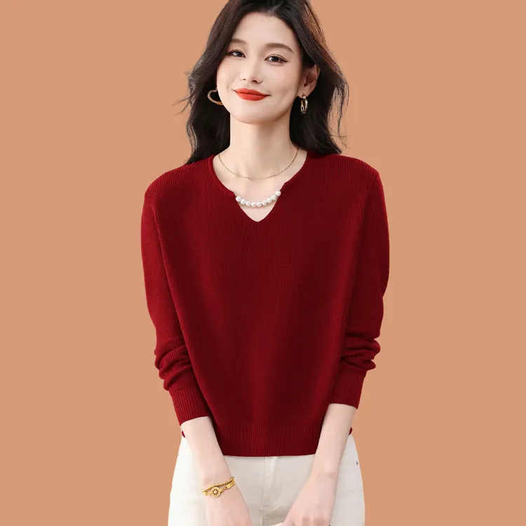 v领带珍珠毛衣女秋冬2025新款洋气妈妈宽松蝙蝠袖羊毛针织打底衫