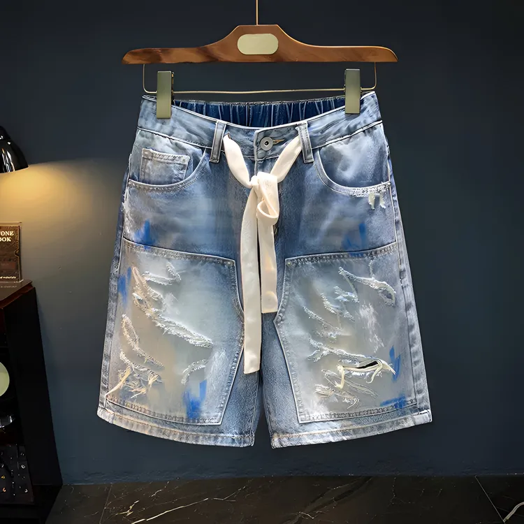 GS夏季新款短裤男复古破洞五分牛仔裤潮流后松紧腰水洗做旧刮烂裤