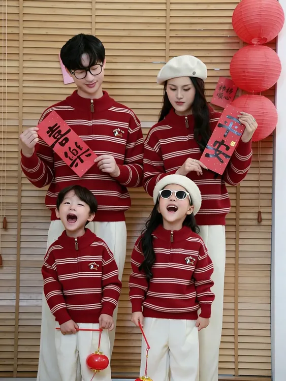 【加绒不起球】新款儿童红色条纹小狗半拉链加绒毛衣新年亲子装