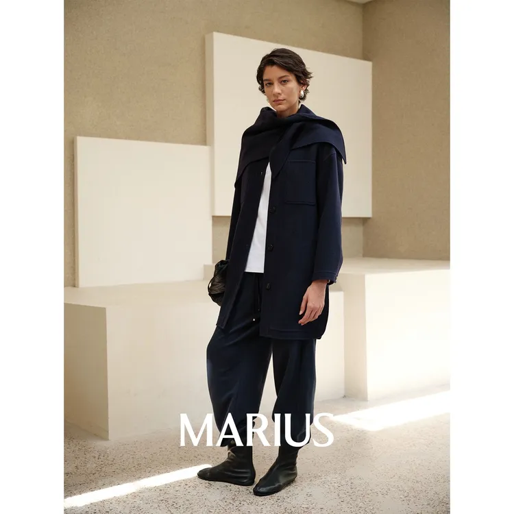 "衬衫大衣"美利奴双面羊毛呢简洁无领衬衫式大衣