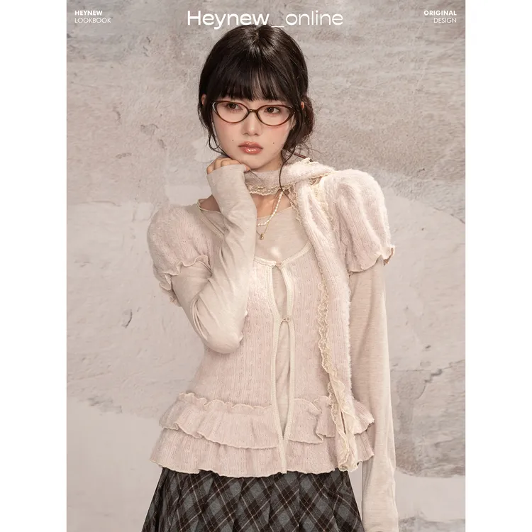 【冬日秘密】甜妹穿搭纯色圆领打底T恤木耳边配领带短袖套装5D333