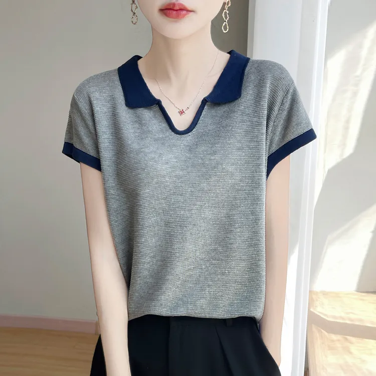 正品减龄新款时尚设计感针织衫洋气气质显瘦翻领T恤百搭夏季上衣