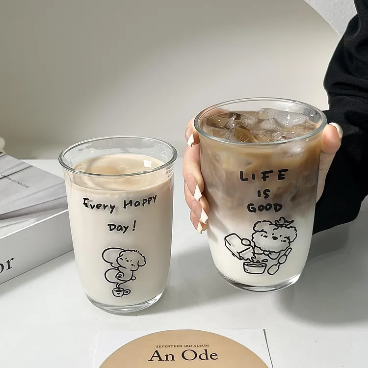ins风原创美式小狗玻璃水杯饮料杯牛奶果汁杯冰拿铁咖啡杯饮品杯
