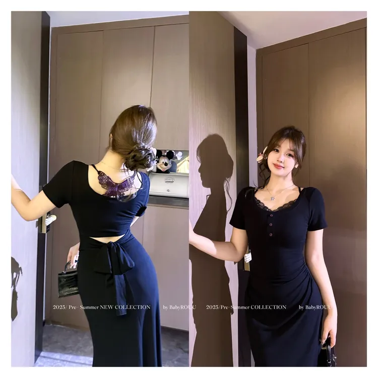 【夏日缪斯】温与柔法式后背蝴蝶镂空高腰显瘦牛油果绿短袖连衣裙