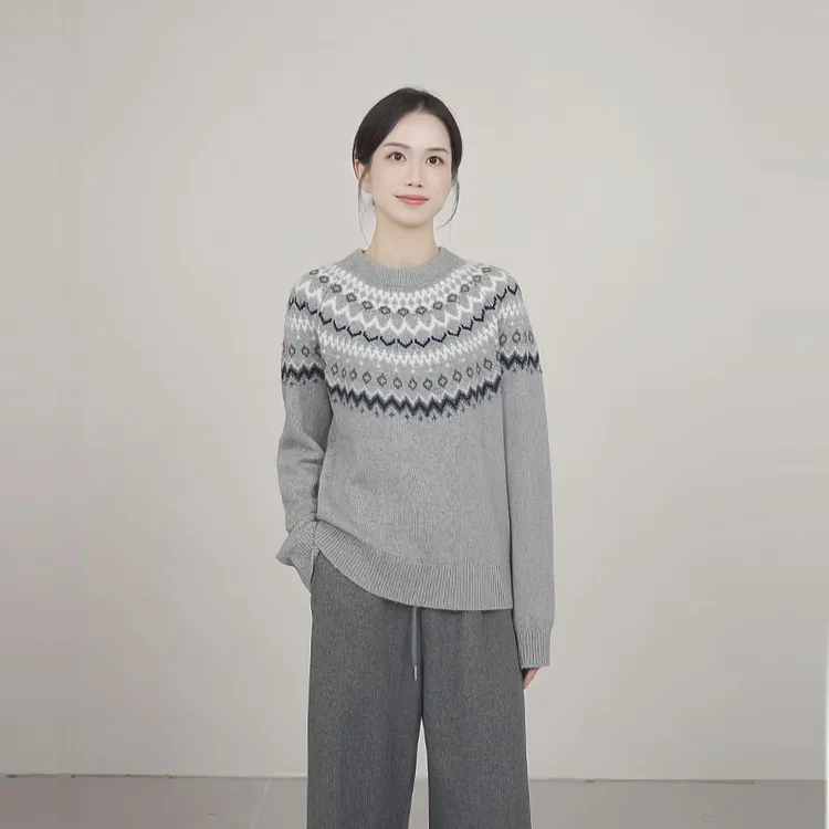 小禾【花语】山羊绒轻奢复古提花圆领软糯不扎加厚针织套头打底毛衣