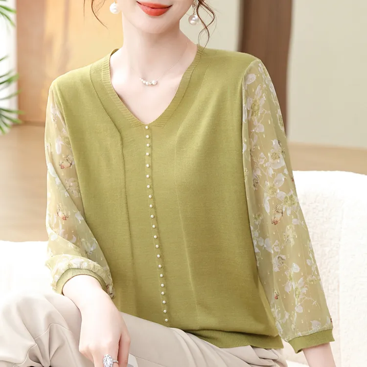 50岁妈妈秋装洋派V领针织纱袖小衫中老年女装春秋夏季薄款打底衫