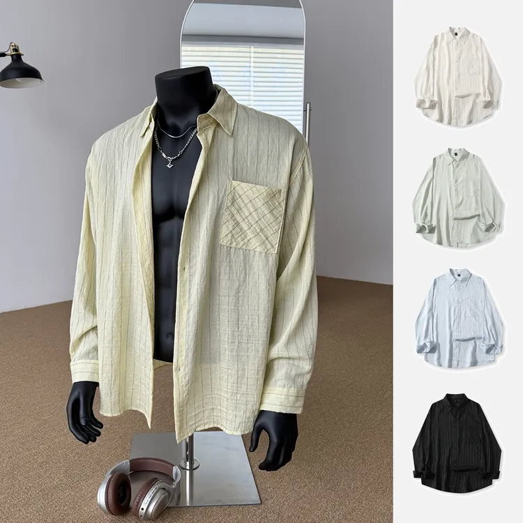 春夏薄款条纹长袖衬衣春夏落肩袖衬衫设计感潮流男士韩版复古外套