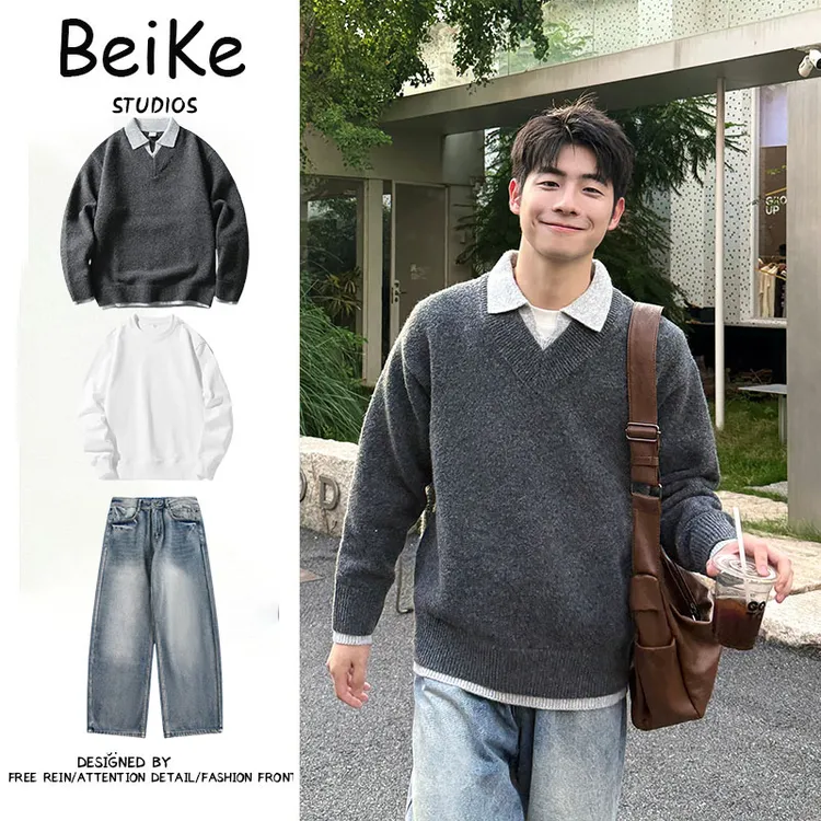 三件装/假两件毛衣男生针织翻领秋冬季加厚高级感慵懒针织衫新款