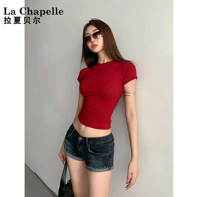 卡戴珊同款T纯色圆领早春款紧身短袖上衣女修身螺纹打底t恤露脐