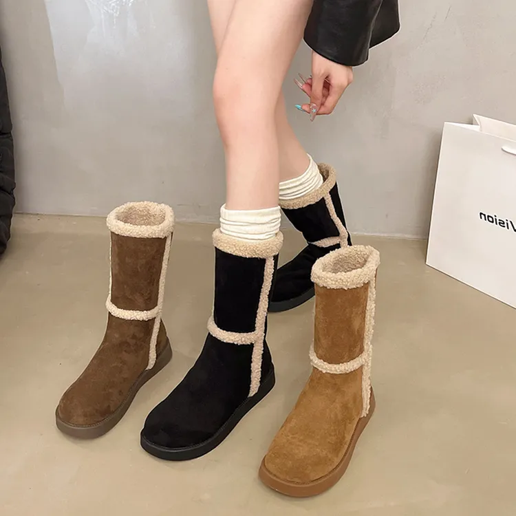户外翻领两穿雪地靴女冬防滑靴子女加绒短靴一脚蹬棉鞋保暖中筒靴