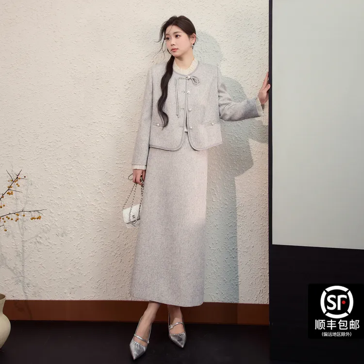 蓝语大码女装新中式国风套装秋季小香风外套上衣高腰宽松半身裙