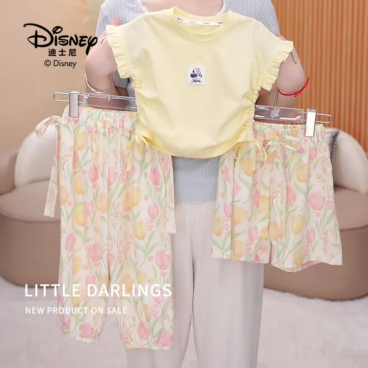 迪士尼女童夏季碎花套装T恤薄款超仙洋气蝴蝶结长短裤时尚149
