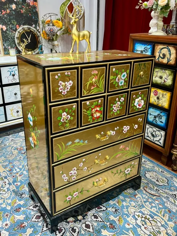 新中式金箔斗柜多格特色彩绘储物餐边柜门厅玄关柜沙发边柜抽屉柜