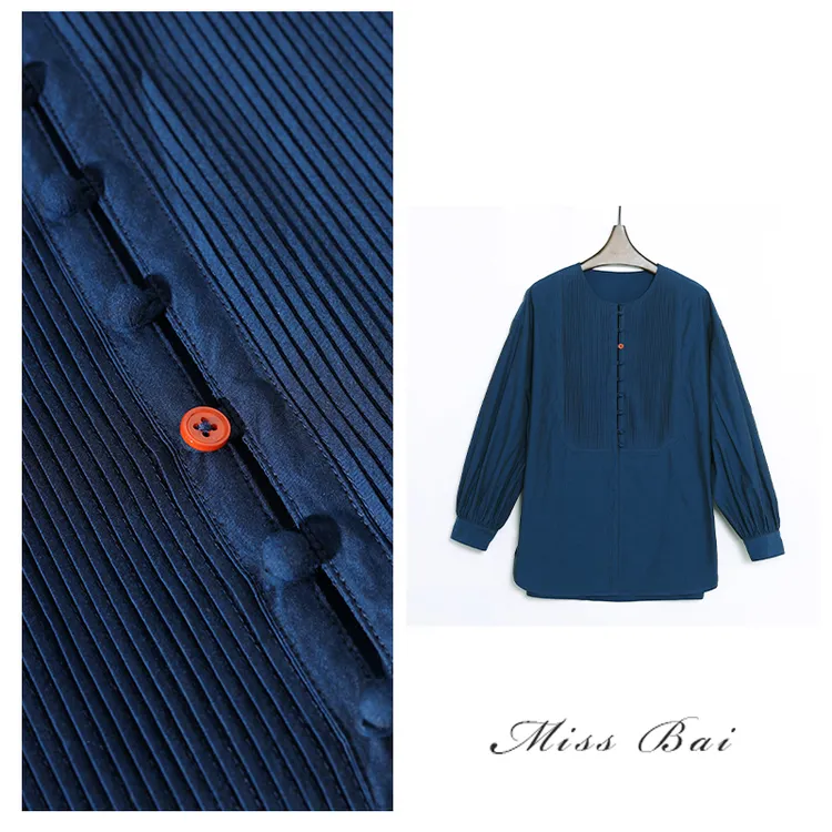 YIWEN-【只要平凡】设计师圆领手工百褶焕彩匹马棉色织衬衫SY6816