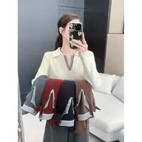 欧货时尚设计感拼接老钱风Polo领针织衫女慵懒休闲V领长袖上衣