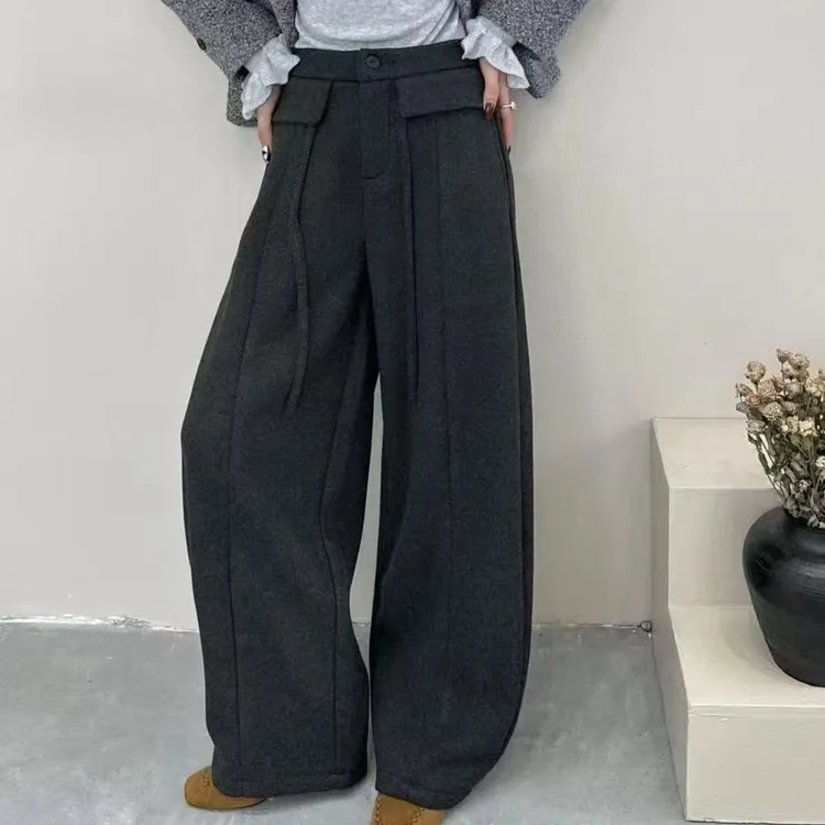 1751冬新款加绒加厚高腰毛呢弯刀裤显瘦垂感百搭休闲阔腿裤