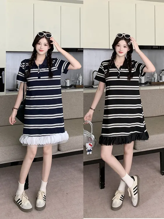 2025夏装新款胖mm大码女中长款条纹拼接雪纺显瘦连衣裙22546