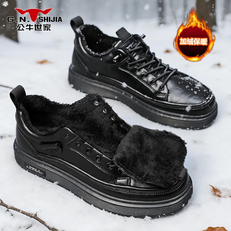 公牛世家冬季男士隐形增高厚底商务休闲皮鞋加绒保暖韩版英伦男鞋
