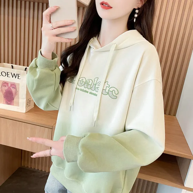 渐变色连帽卫衣女2025新款秋冬韩版宽松加绒加厚初中生小个子外套