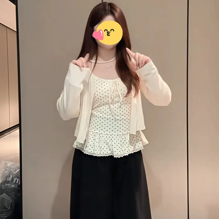 大码胖mm韩系甜美风荷叶蕾丝边吊带薄款长袖开衫外套女早秋两件套