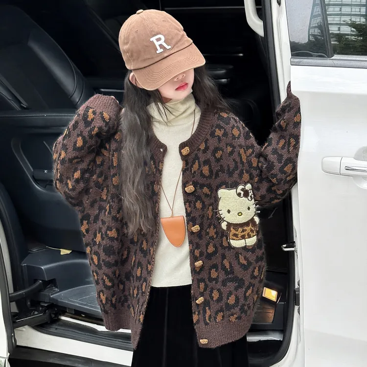 女童豹纹毛衣2025新款秋冬装超好看开衫中大童加厚针织衫儿童外套