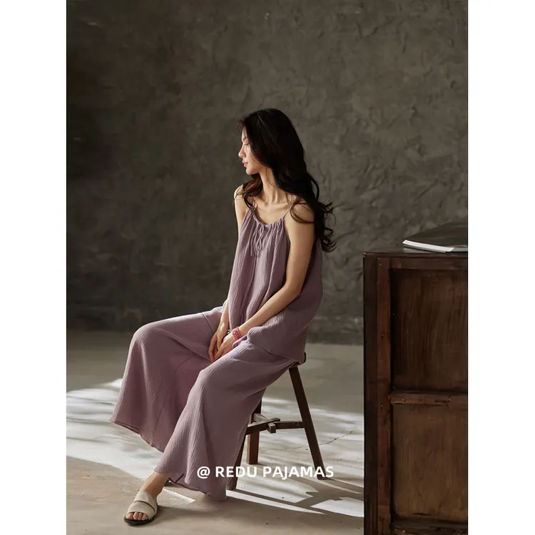 热妒睡衣女夏吊带长裤无袖纯棉女士夏季带胸垫家居服套装