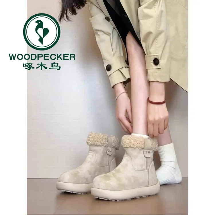 啄木鸟白色厚底雪地靴女2025冬季新款勃肯短靴毛毛棉鞋冬天鞋子
