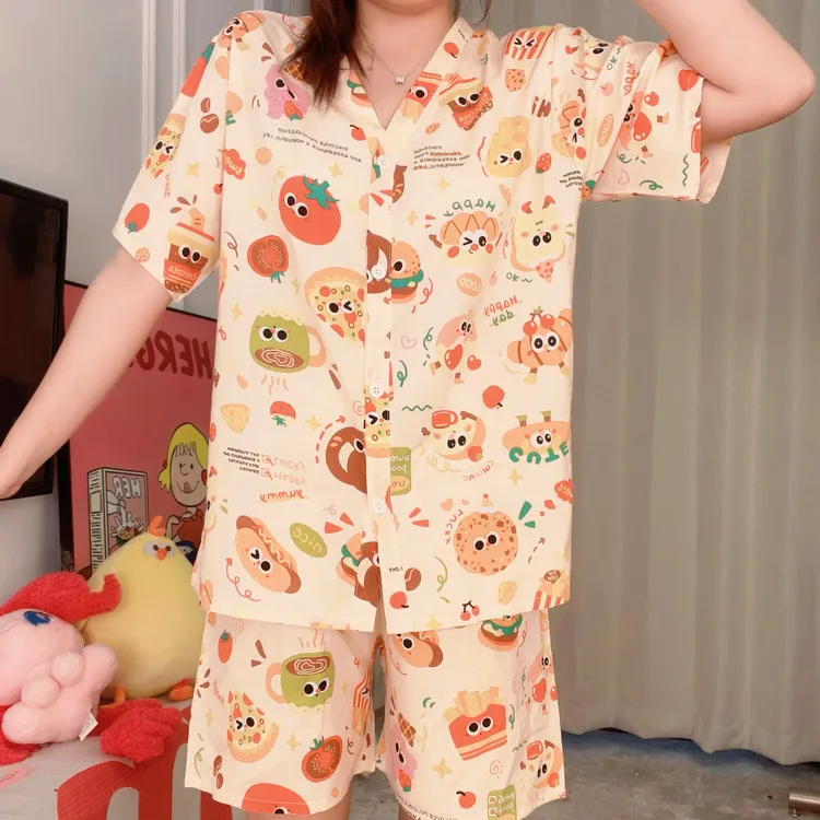 夏季可爱棉绸短袖短裤长裤套装卡通睡衣女可外穿夏天甜美家居服