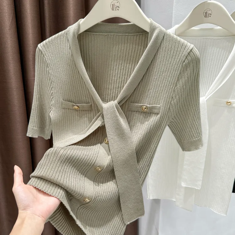 法式小香风飘带针织衫夏季高级感气质收腰显瘦百搭V领短袖女上衣