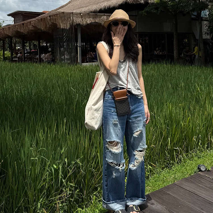 靠谱。【雅痞西门町】新款手工破洞拉须宽松直筒牛仔裤KP250219