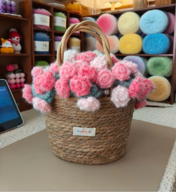 【小九麻麻】玫瑰花毯编织蒲草花篮百搭桌面干花鲜花绿植篮田园风百搭款