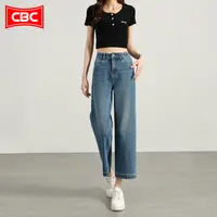 CBC复古蓝窄版阔腿八分牛仔裤女2025新款夏薄款高腰显瘦直筒裤