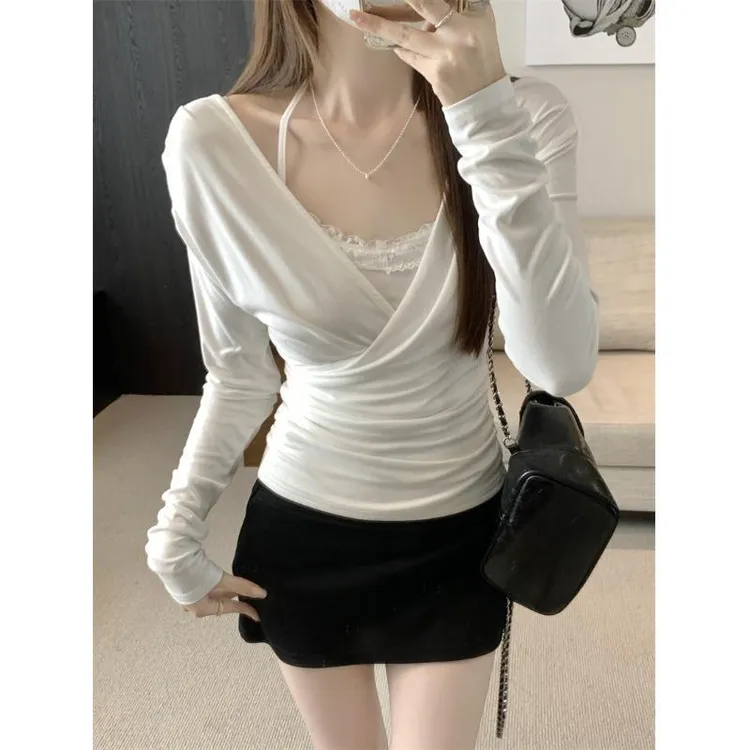 纯欲风黄色交叉v领长袖T恤女春夏套装蕾丝美背挂脖背心上衣两件套