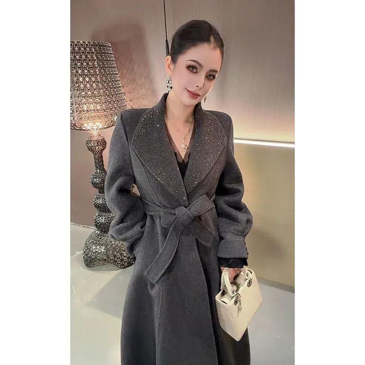 （原创）大翻领烫钻拼接中长款双面呢外套WT31373