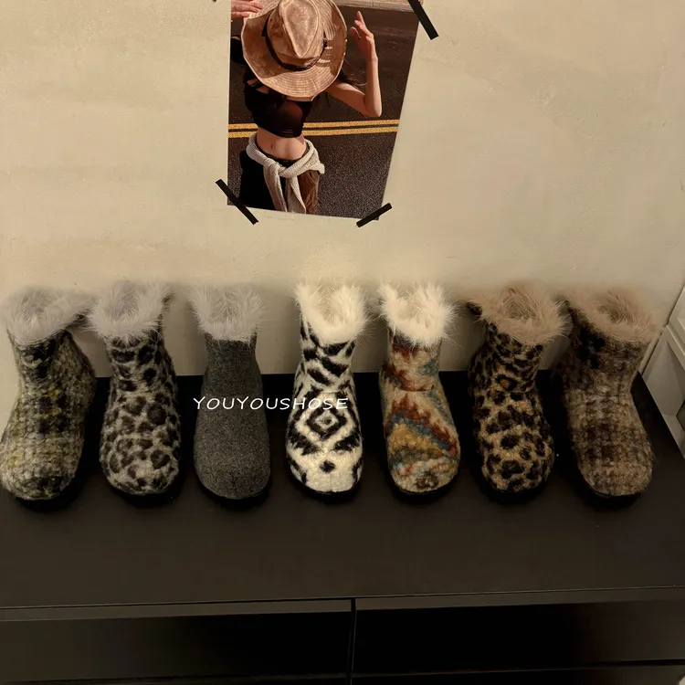 欧版2025年冬季新款时尚豹纹毛毛雪地靴女加绒保暖平底毛毛靴子潮
