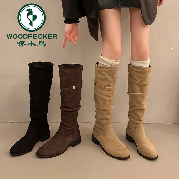 啄木鸟不过膝堆堆靴高筒骑士靴女鞋新款秋冬季褶皱显瘦长筒长靴子