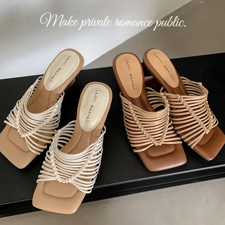 4CM踩屎感凉拖鞋女夏外穿度假波西米亚软底粗跟编织一字拖高跟鞋